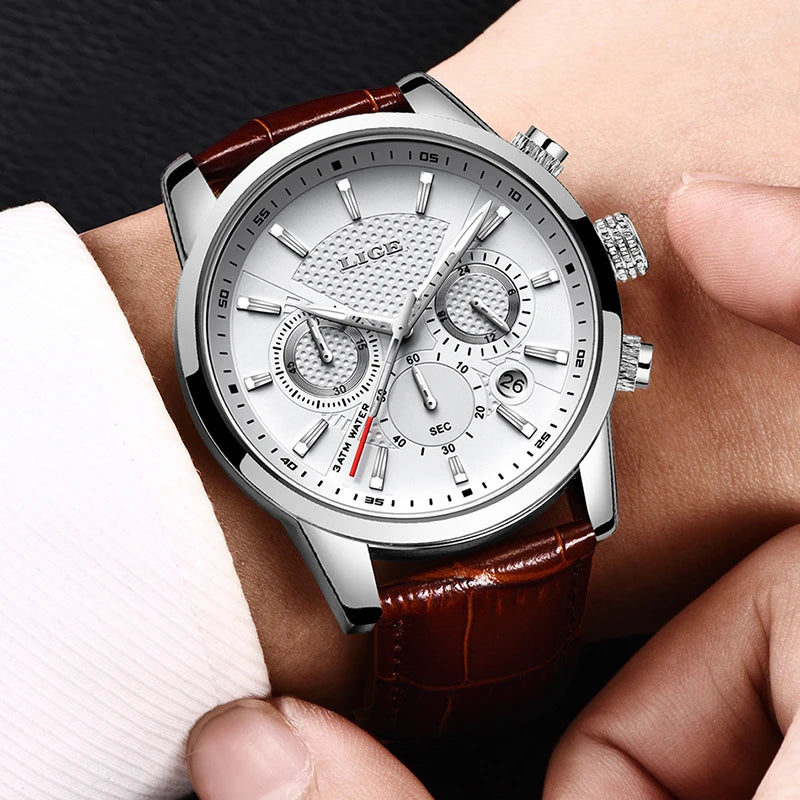 LIGE QQQ Watch Men Fashion Sports Quartz Clocks Mens Watches Top Brand Leather Military Waterproof Date Watch Relogio Masculino