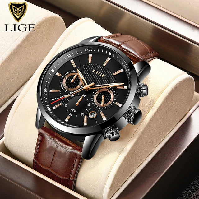 LIGE QQQ Watch Men Fashion Sports Quartz Clocks Mens Watches Top Brand Leather Military Waterproof Date Watch Relogio Masculino