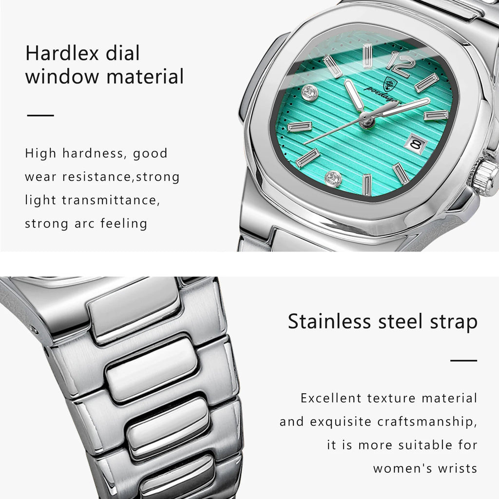 POEDAGAR Square Luxury Ladies Wristwatch Luminous Waterproof Stainless Steel Date Watch For Woman Fashion Quartz Women's Watches
