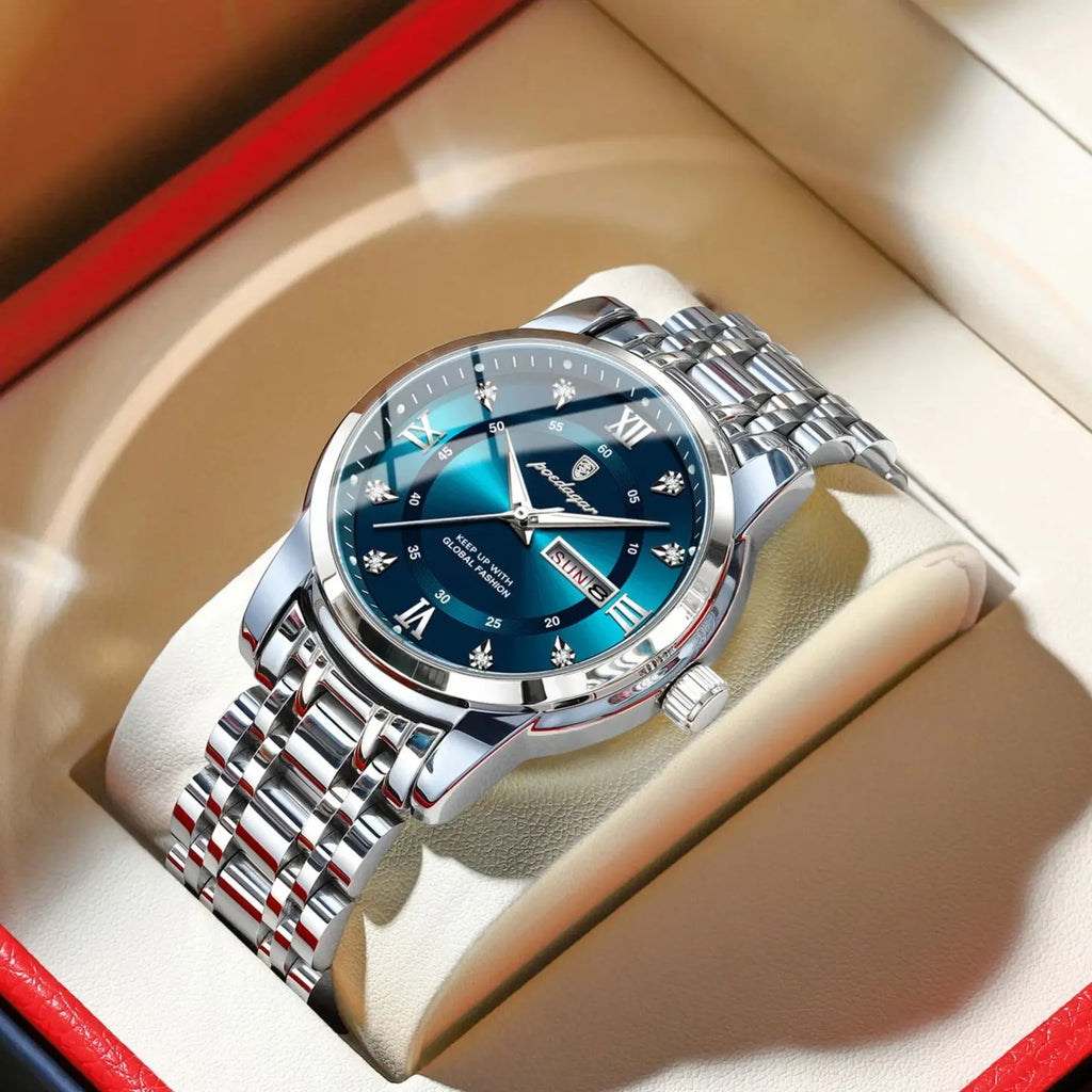 POEDAGAR Luxury Trendy Man Wristwatch Waterproof Stainless Steel Luminous Men Watch Date Week Fashion Quartz Men's Watches Reloj