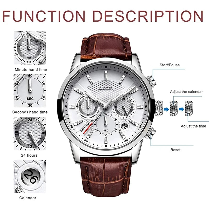 LIGE QQQ Watch Men Fashion Sports Quartz Clocks Mens Watches Top Brand Leather Military Waterproof Date Watch Relogio Masculino