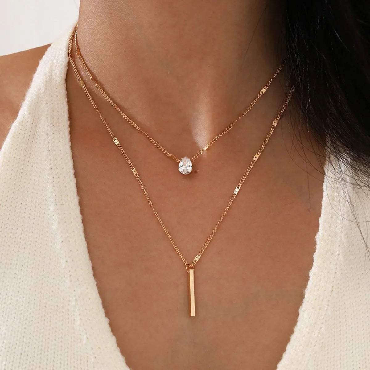 Multi-layer Five-pointed Star Heart Shape Water Drop Pendant Chain Necklace Alloy Material Glass Collarbone Chain Sexy Women New