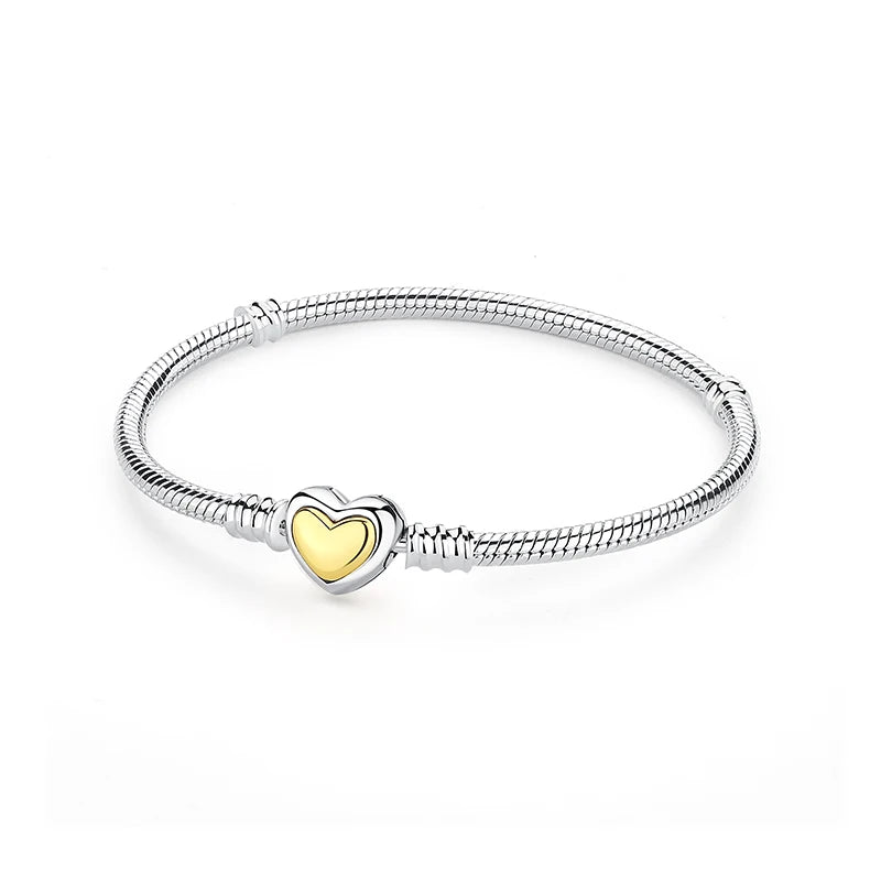 Original 925 Sterling Silver Bracelets Bangles Love Heart Clip Charms Beads Snake Chains For Women Rose Gold DIY Luxury Jewelry