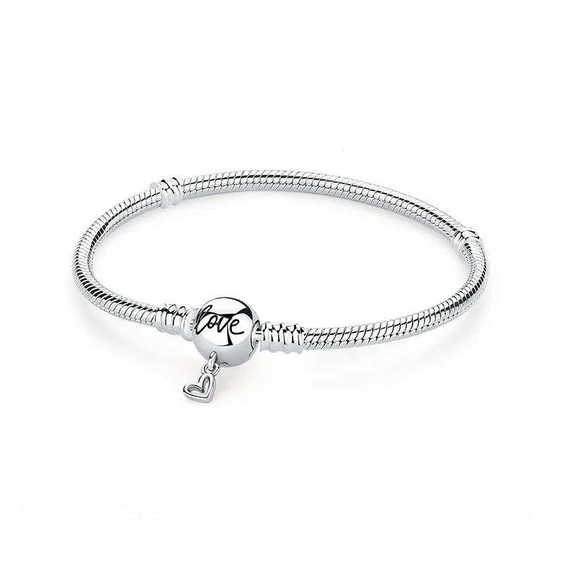 Original 925 Sterling Silver Bracelets Bangles Love Heart Clip Charms Beads Snake Chains For Women Rose Gold DIY Luxury Jewelry